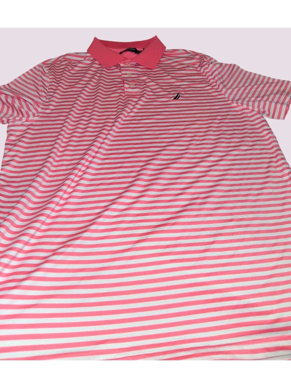 Nautica Mens Large Peach & White Striped Polo Shirt Short Sleeve